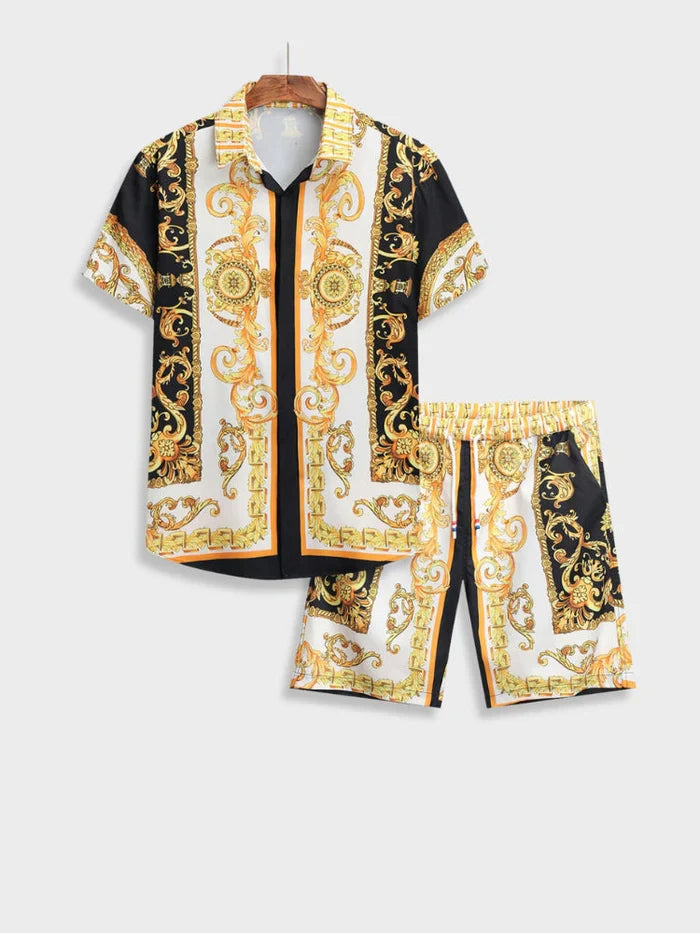 Men's elegant Italian Baroque style summer outfit set with short sleeve top & casual shorts.