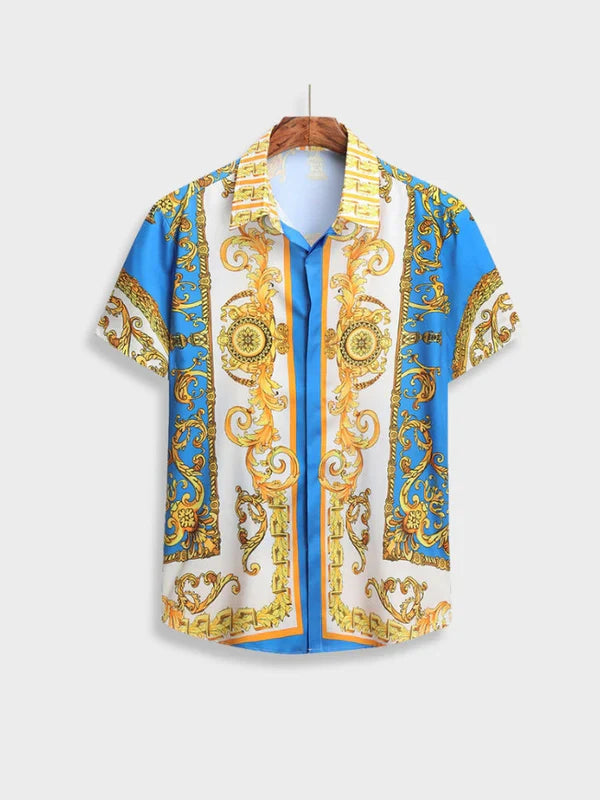 Close-up of the casual shorts from the men's stylish Baroque two-piece summer set.