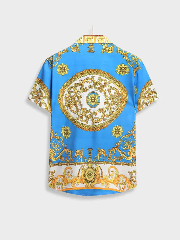 Model showcasing a men's elegant Italian Baroque style summer outfit, perfect for stylish men.
