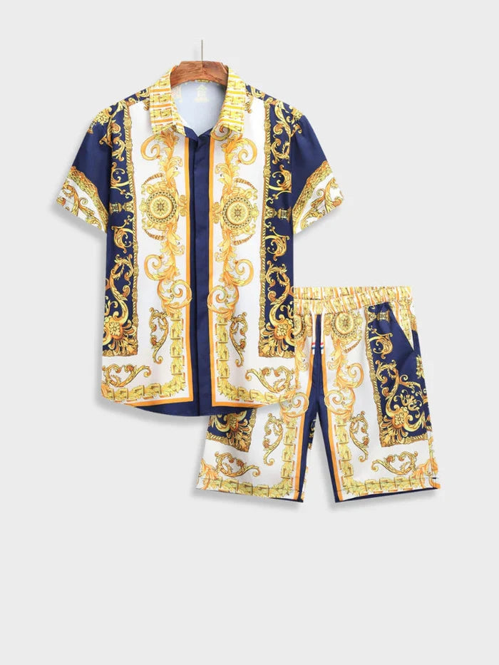 Stylish men's two-piece Baroque style summer set, perfect for elegant vacation wear & men's fashion.