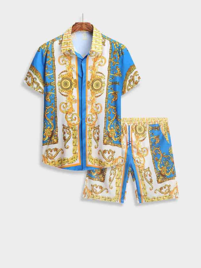 Elegant men's short-sleeve top and matching casual shorts in a chic Italian Baroque pattern.