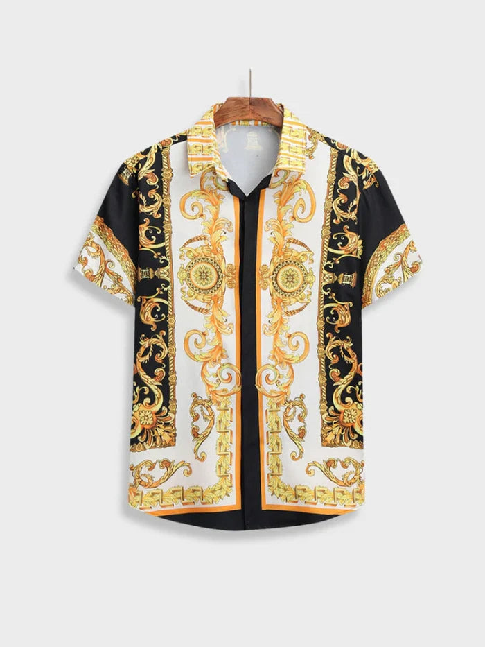 Man wearing a luxurious Baroque style summer outfit set, ideal for sophisticated vacation wear.