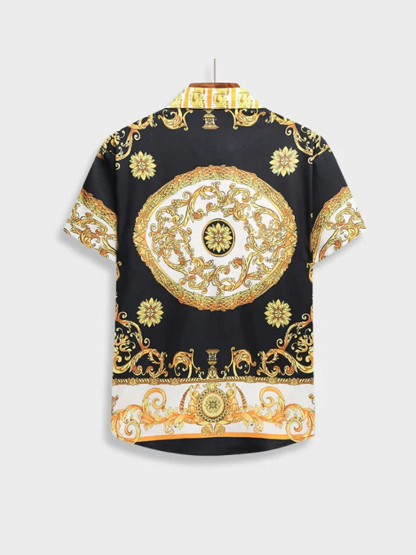 Detailed view of the intricate Italian Baroque pattern on a men's elegant two-piece summer set.