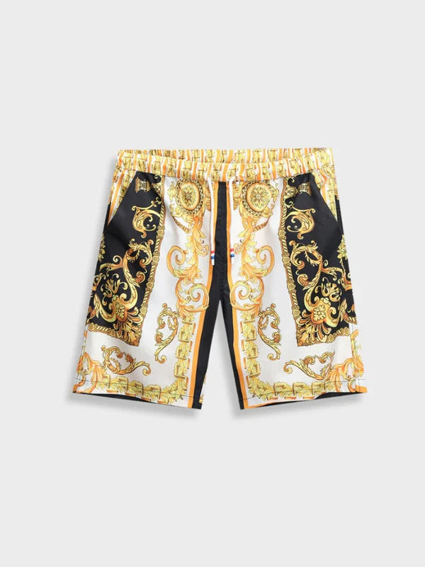 Full shot of a men's elegant Baroque fashion summer set, featuring a matching short sleeve top & shorts.
