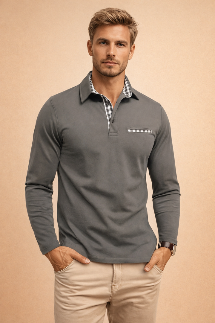 Men's elegant long sleeve polo shirt with structured collar, perfect for smart casual and versatile fashion.