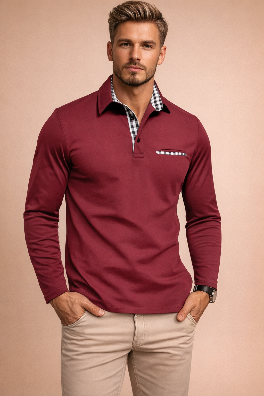 Tailored fit men's long sleeve gray polo shirt with sophisticated structured collar, ideal for smart casual wear.