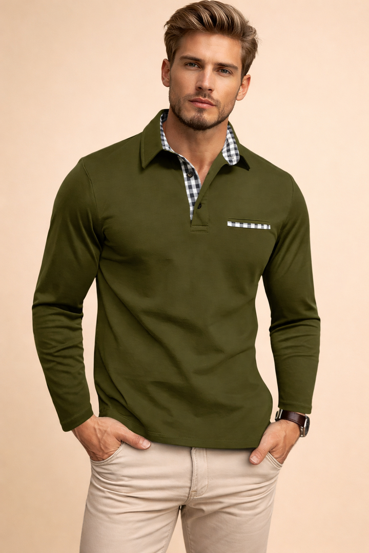 Stylish men's burgundy long sleeve collared polo shirt, offering an elegant tailored fit for versatile fashion.