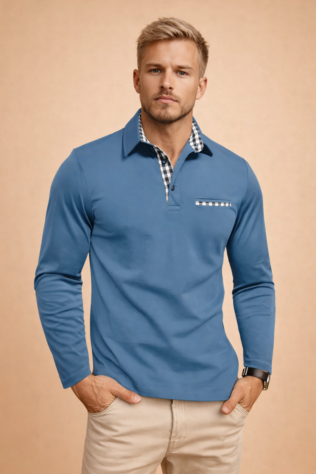Olive green long sleeve men's polo shirt with structured collar, a smart casual choice for elegant men's fashion.