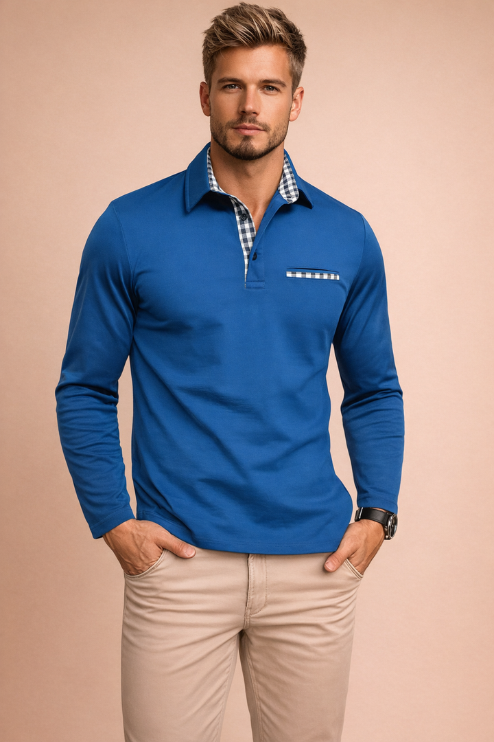 Light blue men's elegant long sleeve polo shirt, featuring a structured collar and tailored fit for versatile style.