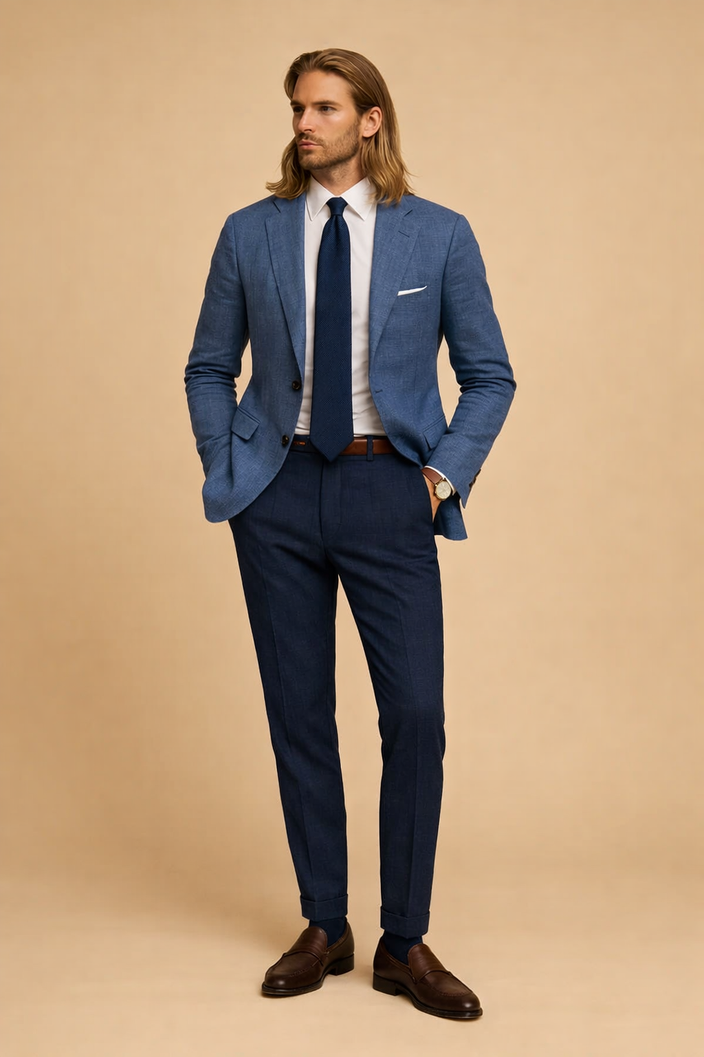Men's elegant slim fit blazer jacket, perfect for business casual or formal wear. Stylish button-up design.