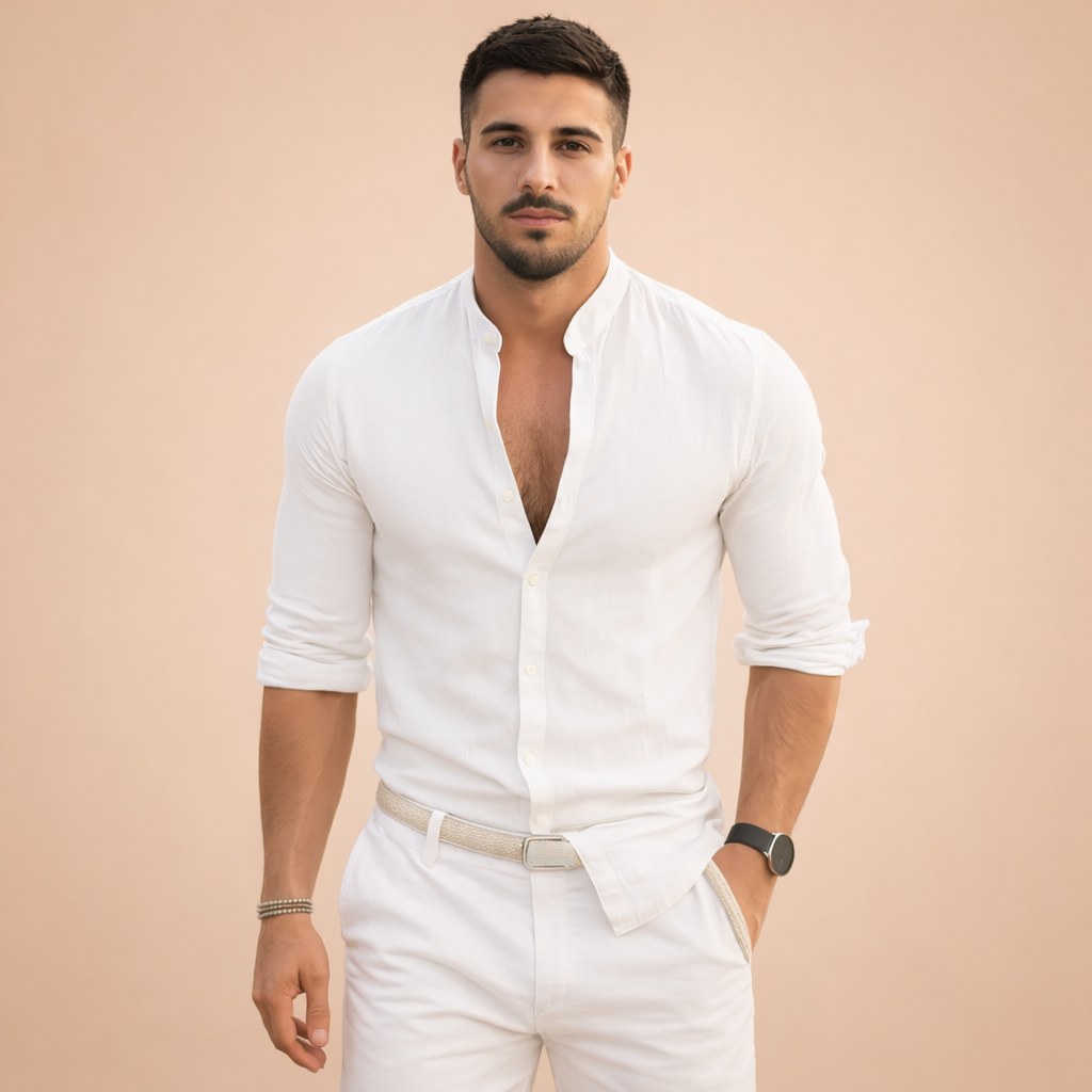 Stylish men's stand-up collar shirt, long-sleeve, versatile for smart-casual & elegant modern fashion.