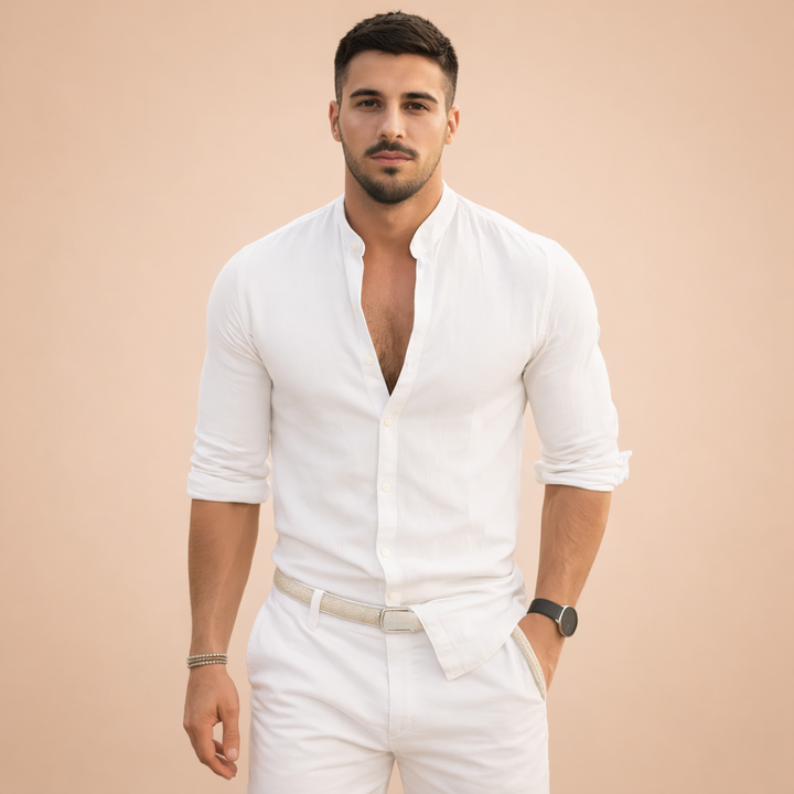 Stylish men's stand-up collar shirt, long-sleeve, versatile for smart-casual & elegant modern fashion.