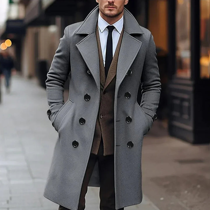 New men's premium tailored winter coat. Classic, elegant long outerwear for sophisticated fall fashion.