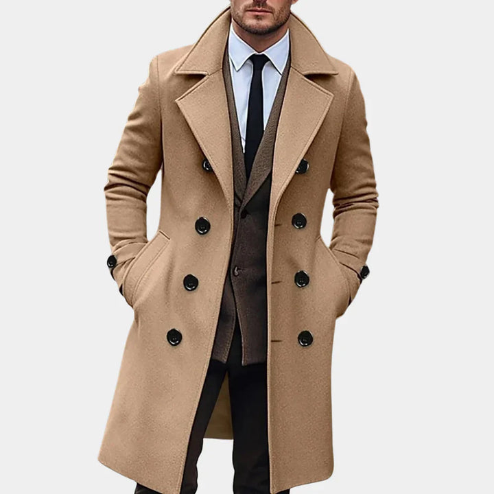 Men's premium classic long coat. Tailored fit for elegant winter & fall outerwear. Warm, stylish fashion.