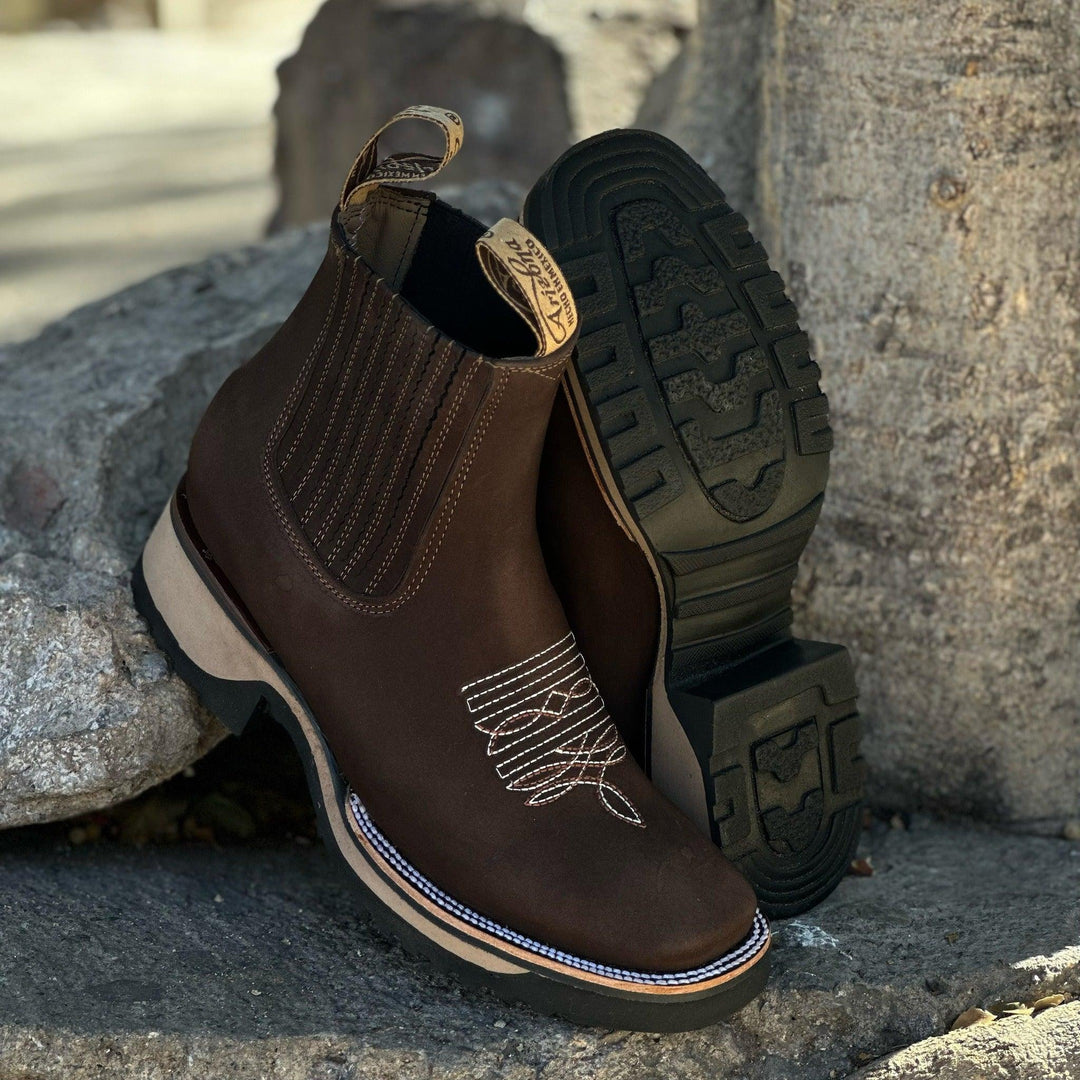 Men's embroidered brown ankle cowboy boots in rugged Western style, perfect pull-on casual footwear for men's fashion.