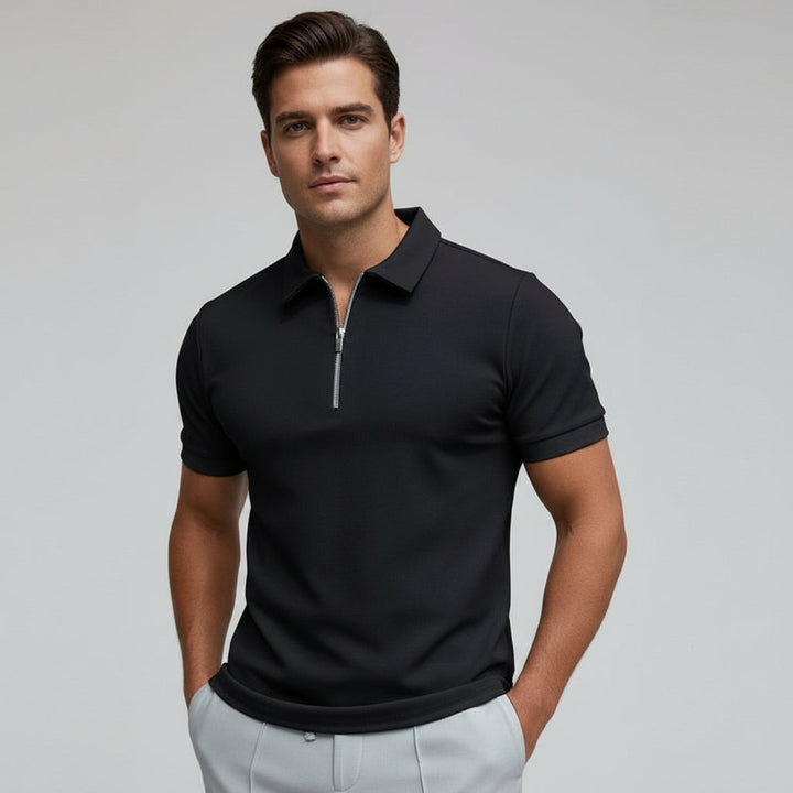 Men's fitted polo shirt with a modern zip collar, short sleeves, perfect for smart casual wear.