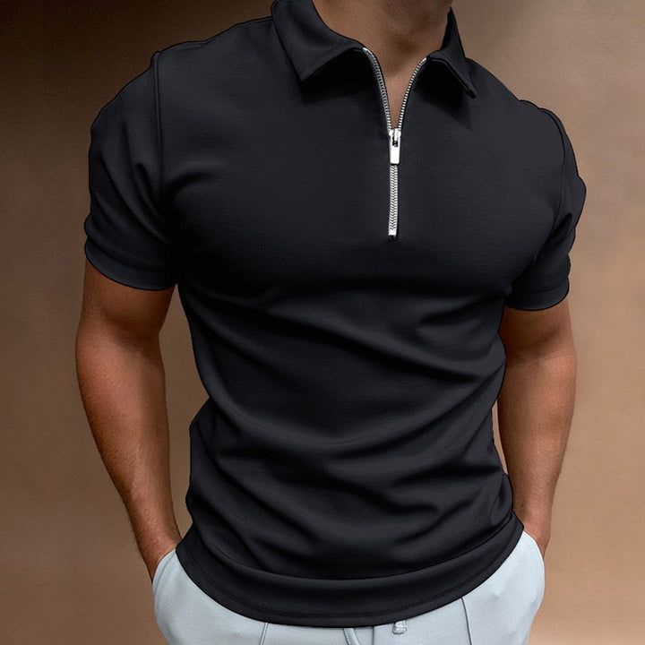 Stylish men's fitted polo, short sleeve with contemporary zip collar, ideal for a modern casual look.
