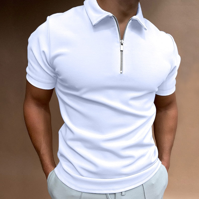 Versatile men's short-sleeve polo shirt with modern zip collar, suitable for everyday and smart casual outfits.