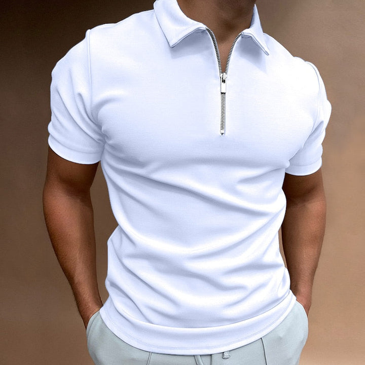 Versatile men's short-sleeve polo shirt with modern zip collar, suitable for everyday and smart casual outfits.
