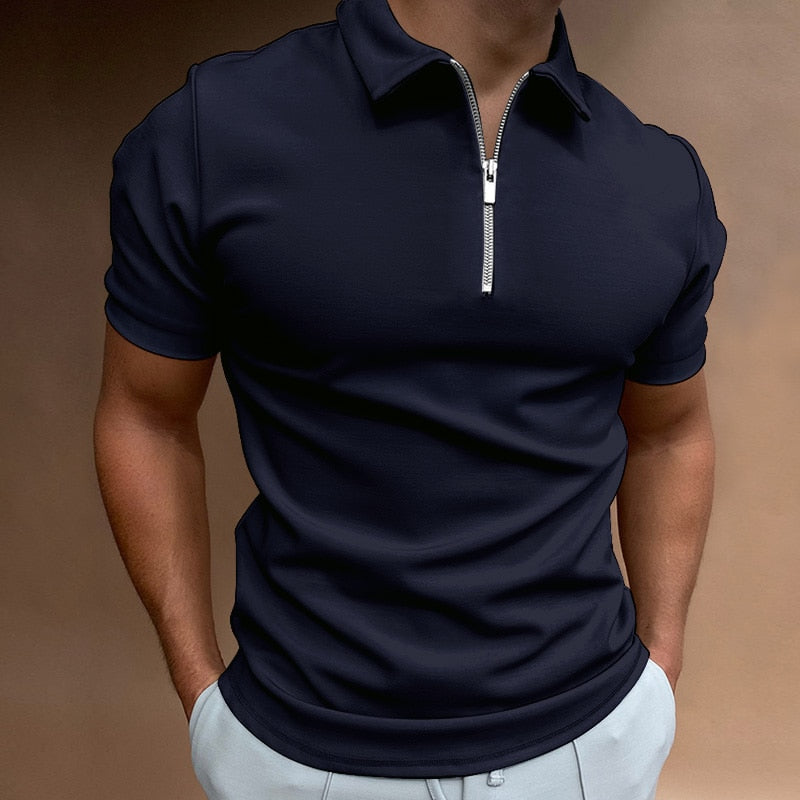 Classic black men's fitted polo shirt, short sleeve, featuring a modern zip collar and comfortable fit.