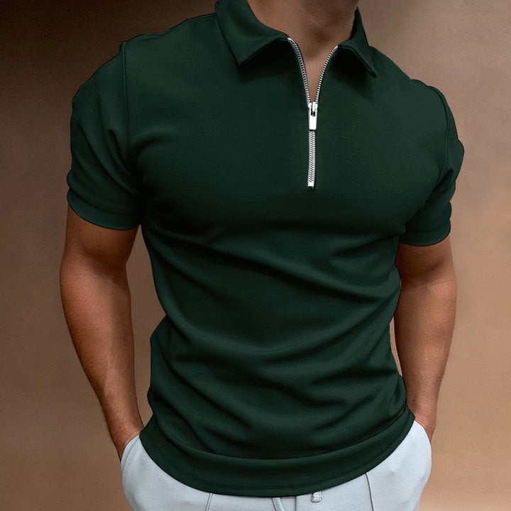 Close-up of men's modern fitted polo shirt, highlighting the stylish zip collar and short sleeve design.