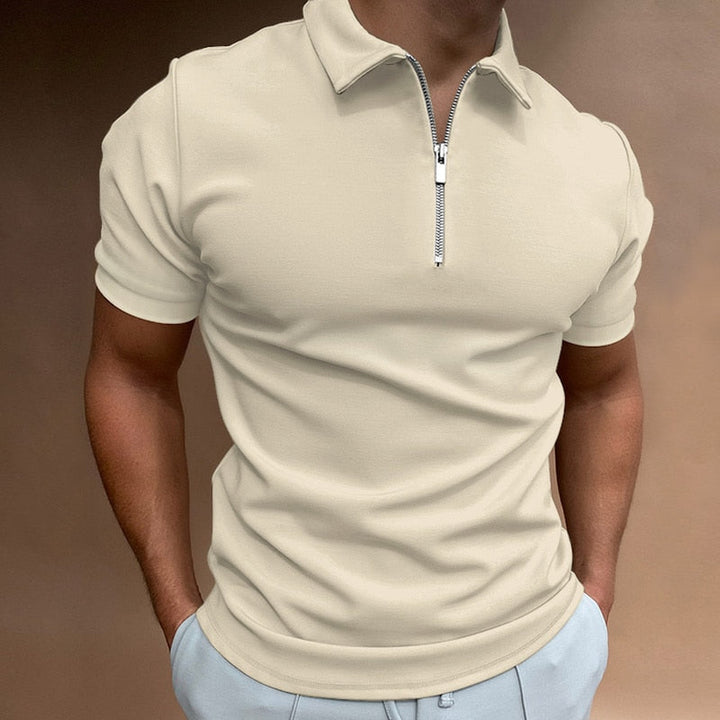 Premium men's fitted short-sleeve polo shirt, designed with a modern zip collar for a stylish, comfortable feel.