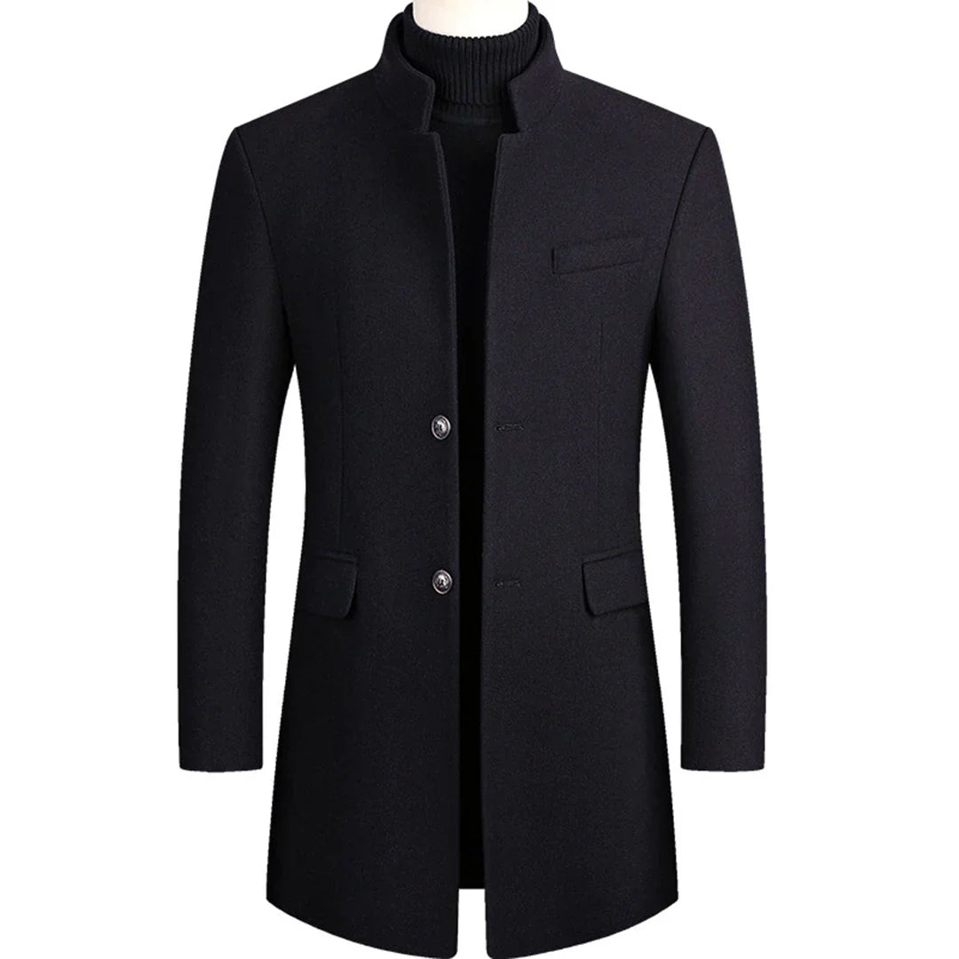 Men's formal long coat, classic style, regular fit, button-down. Elegant outerwear for business & winter fashion.