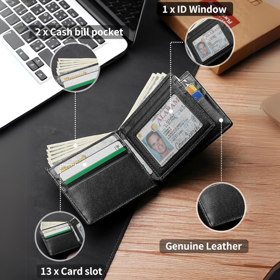 Crafted genuine leather men's bifold wallet with RFID protection. Secure and sophisticated card holder.