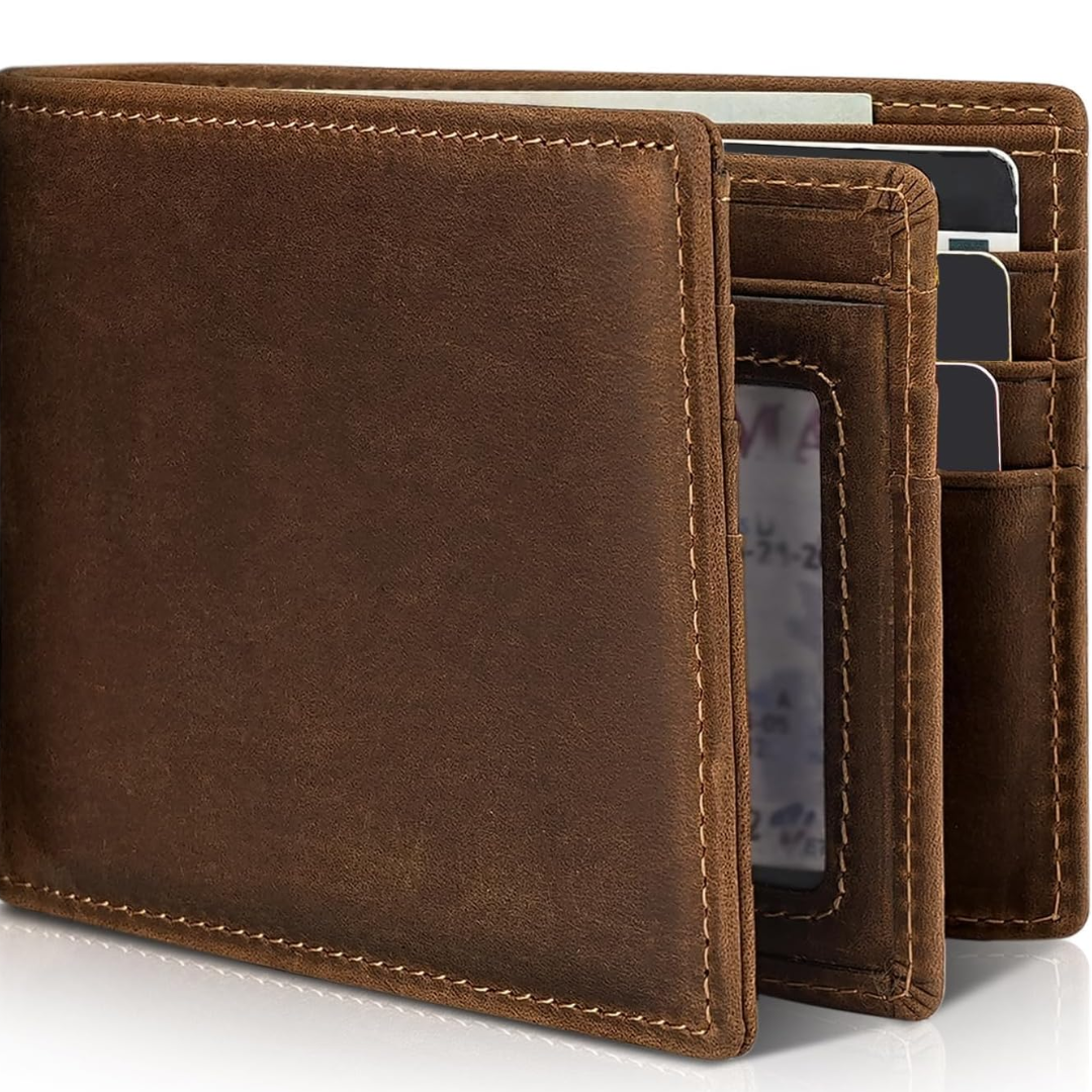 Slim men's bifold wallet, genuine leather, RFID protected. Holds cards & cash discreetly.