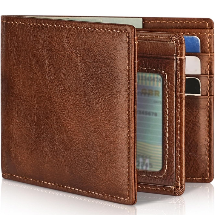 Durable men's genuine leather bifold wallet, RFID protected for daily security. Slim & practical.