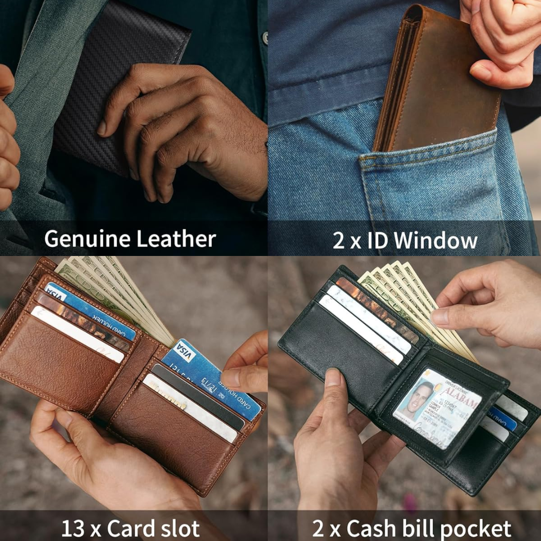 Modern men's slim bifold wallet, genuine leather with essential RFID blocking for digital protection.