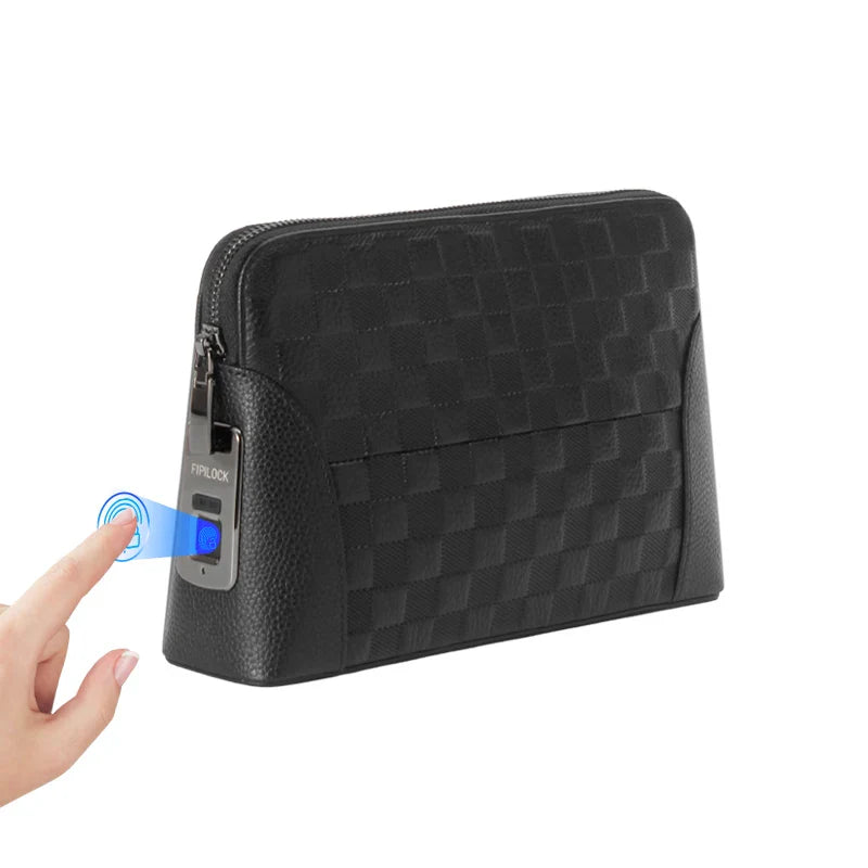 Men's genuine leather clutch wallet with biometric fingerprint lock for secure, anti-theft storage.