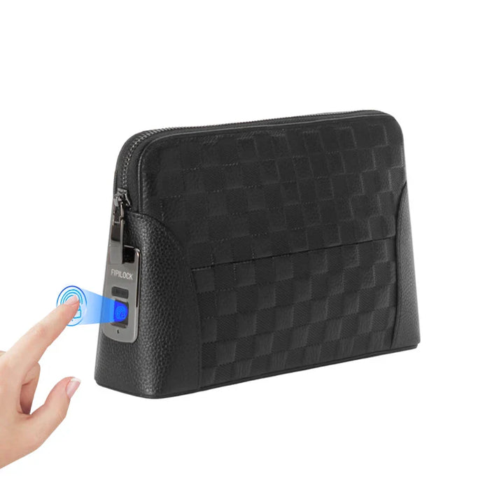 Men's genuine leather clutch wallet with biometric fingerprint lock for secure, anti-theft storage.