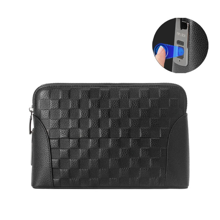 Stylish men's leather anti-theft wallet, featuring a modern fingerprint lock for secure travel.