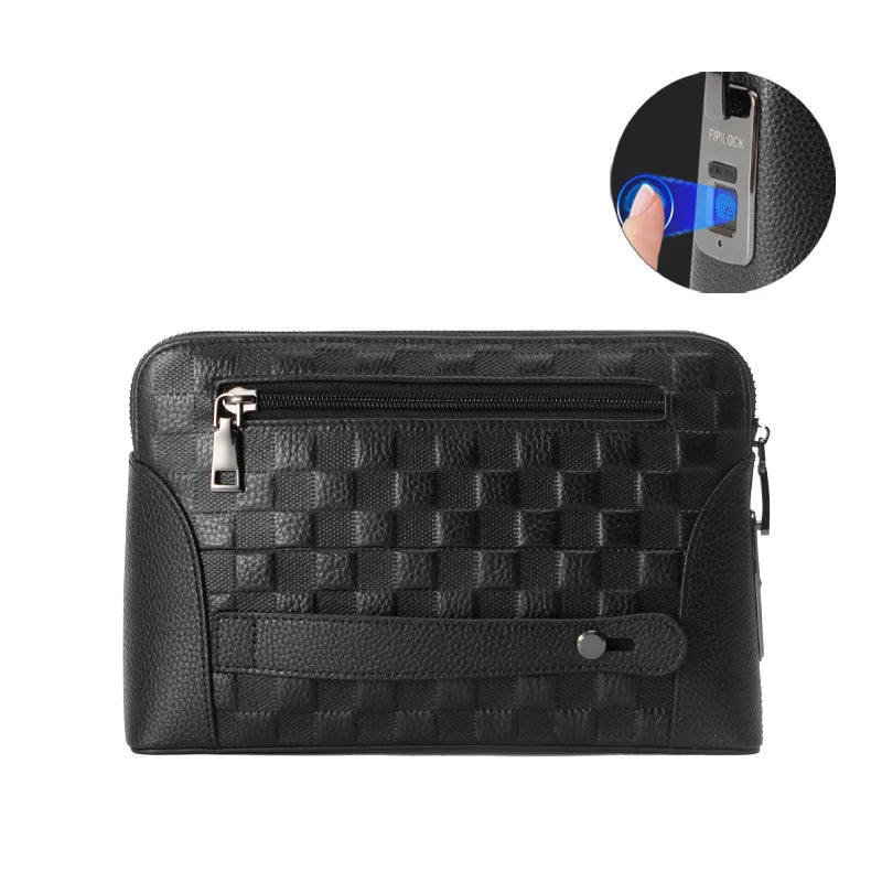 Close-up of a men's genuine leather clutch bag showcasing the secure fingerprint lock.