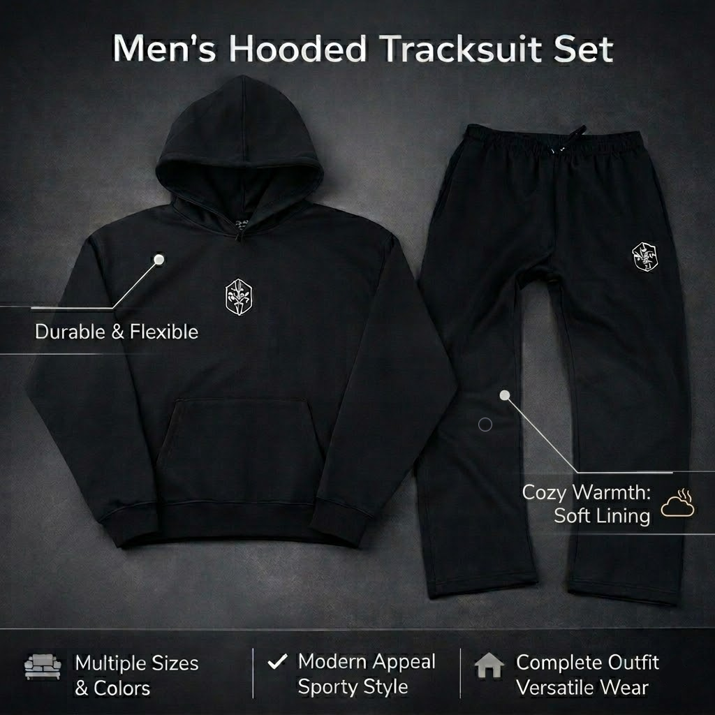 Stylish men's full body hooded tracksuit. Modern loungewear & casual wear, a key piece for men's fashion.