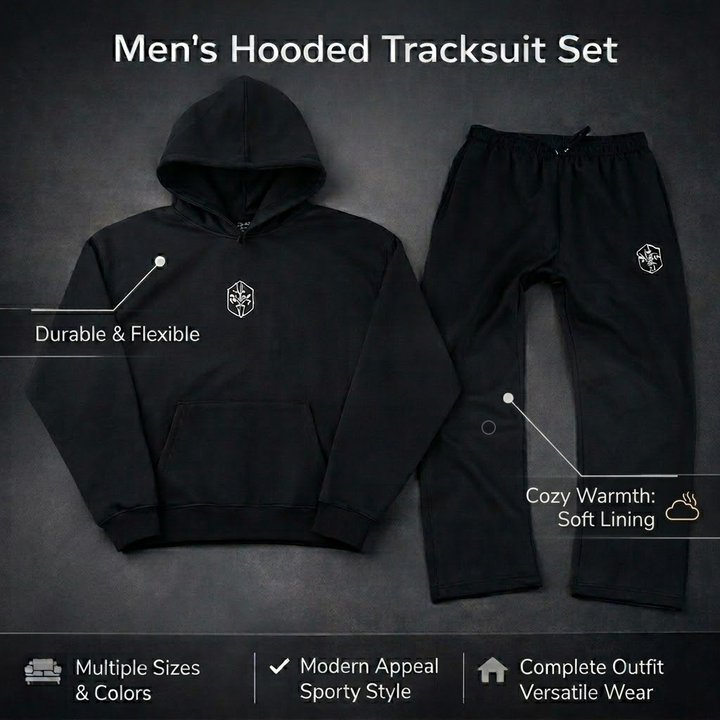 Stylish men's full body hooded tracksuit. Modern loungewear & casual wear, a key piece for men's fashion.