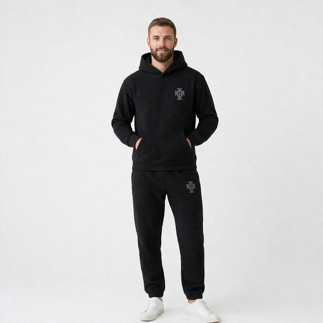 Unique men's hooded full body suit design. Modern loungewear & sleepwear for contemporary comfort.