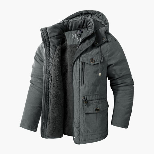Men's hooded winter jacket with zipper. Warm, versatile outerwear for casual everyday use.