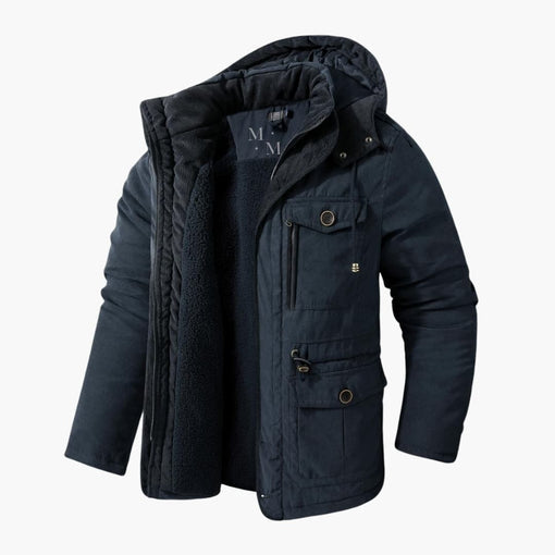 Stylish men's warm winter jacket. Hooded, zipper outerwear perfect for casual men's fashion.