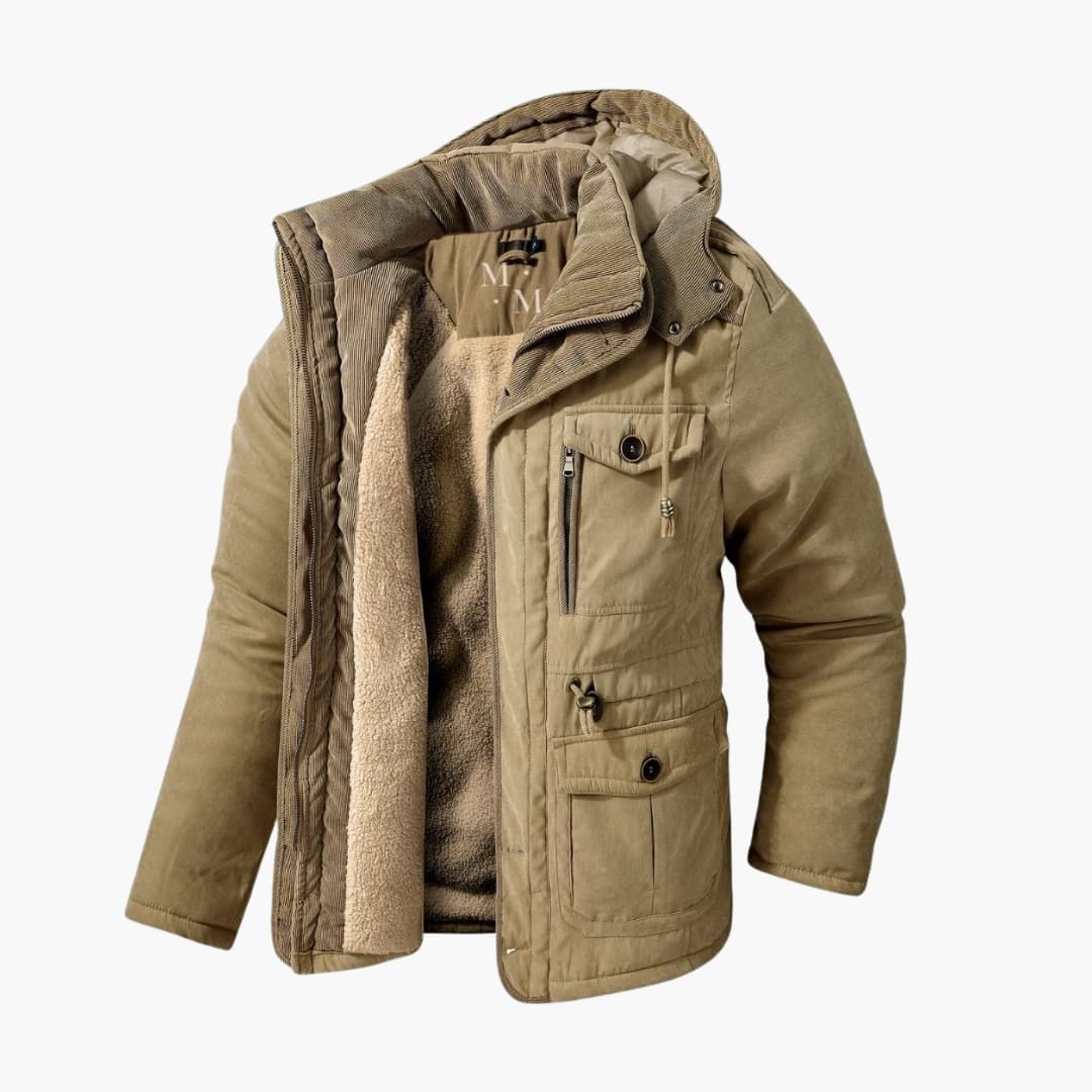 Durable men's hooded utility jacket. Versatile winter outerwear, ideal for everyday casual wear.