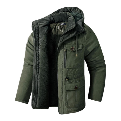 Warm men's hooded winter jacket. Comfortable zipper outerwear for versatile everyday fashion.