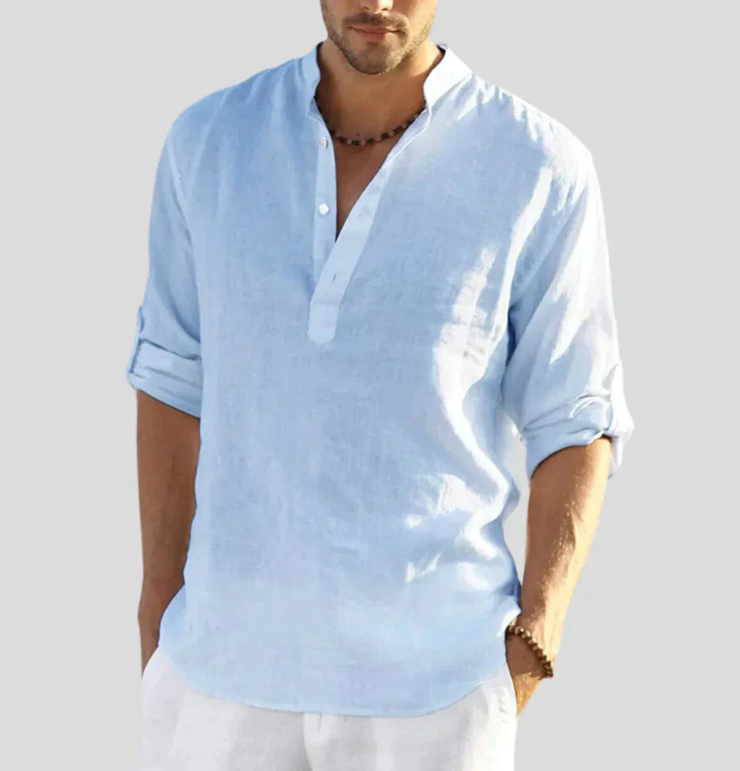 Versatile men's classic button-down linen shirt. Elegant for casual or dressed-up spring fashion & comfortwear.