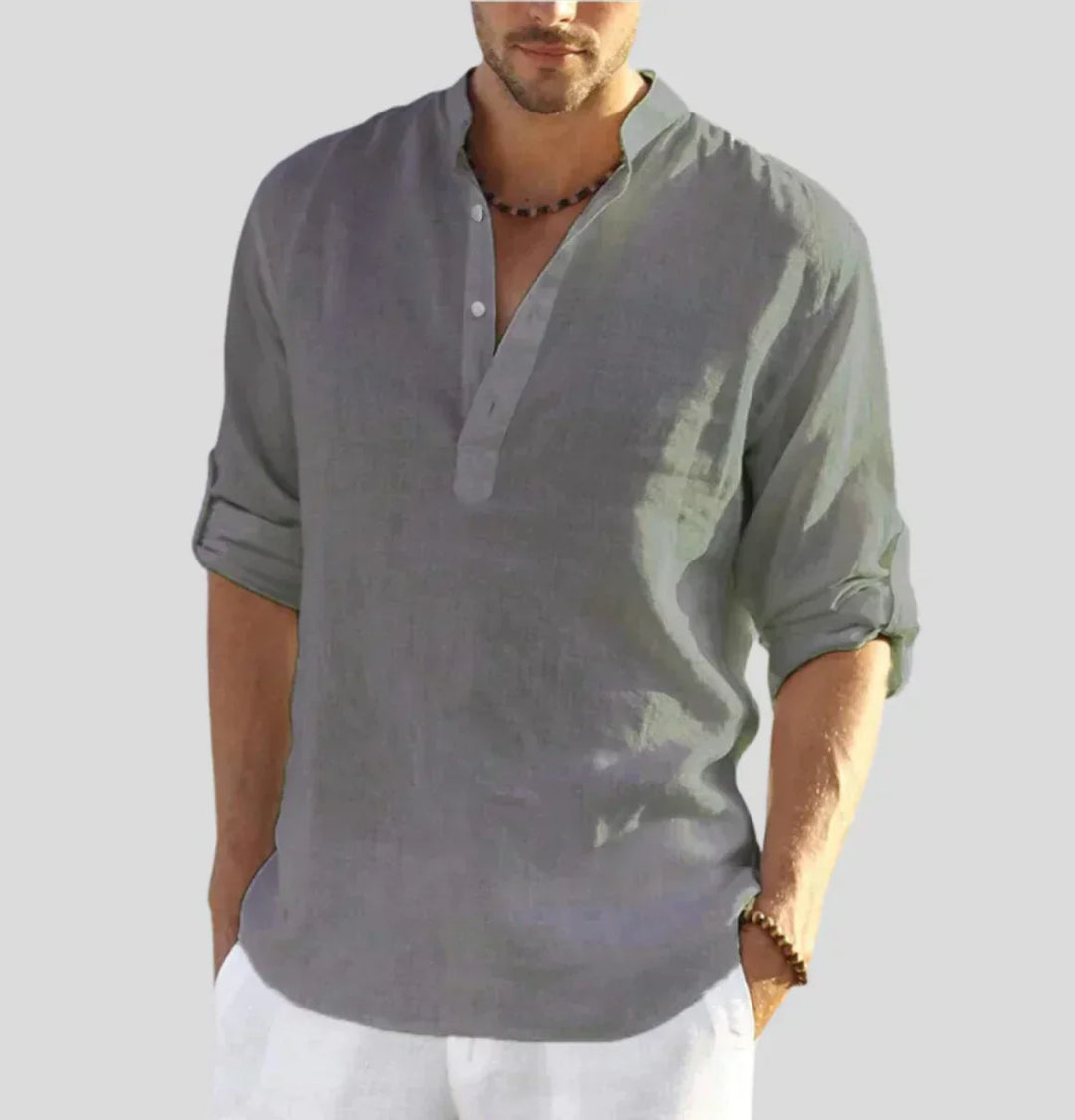 Breathable Hugo linen men's shirt. Classic button-down long-sleeve for summer, spring, & casual menswear style.