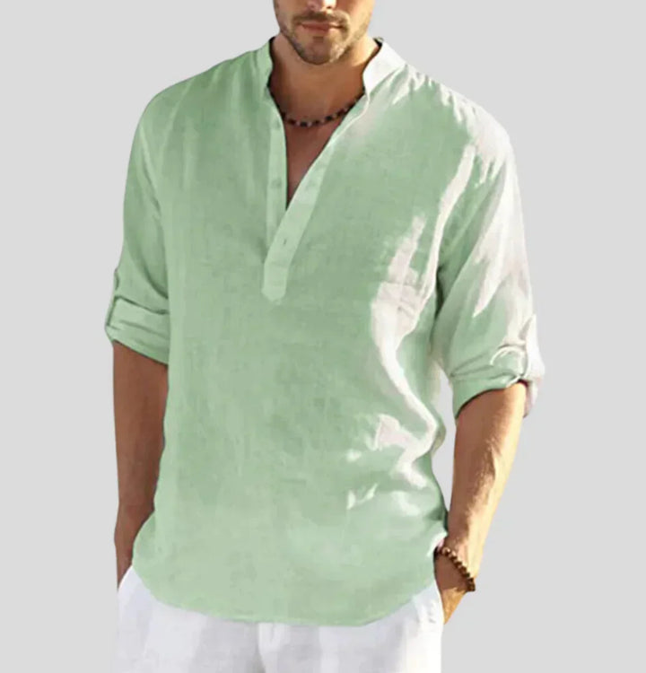 Effortless men's classic button-down long-sleeve linen shirt. Comfortwear for elegant and versatile spring style.
