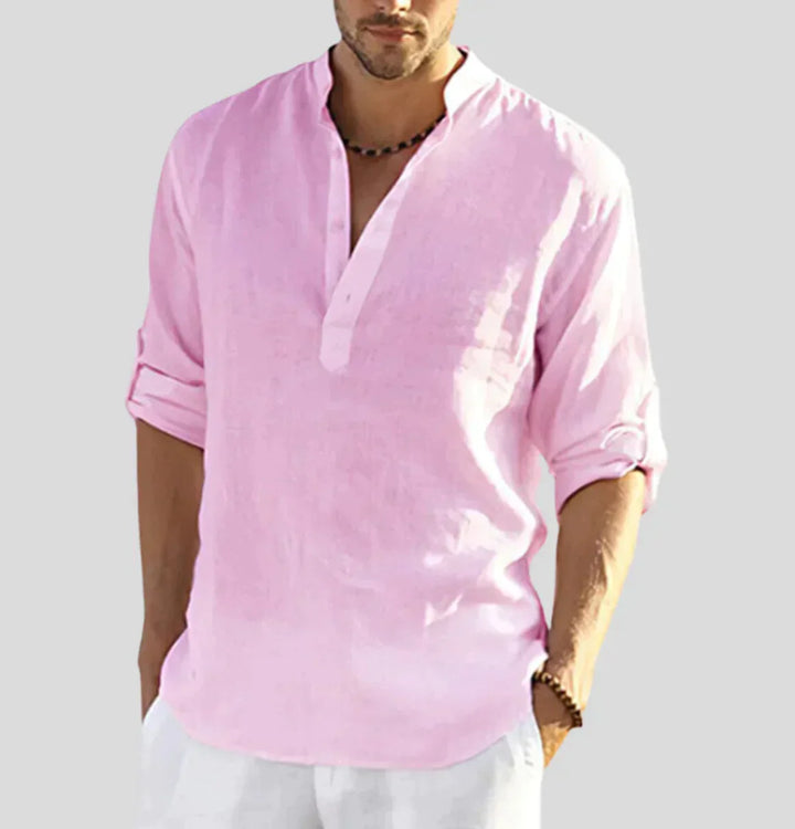 Hugo men's luxe linen button-down shirt. Versatile long-sleeve for spring, summer, & elegant casual menswear.