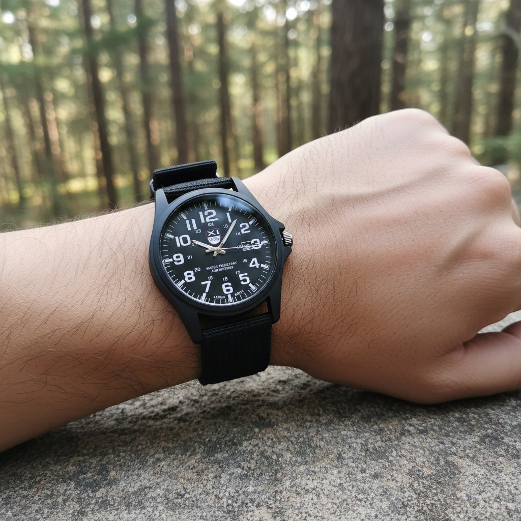 Men's illuminated tactical watch with durable, water-resistant design for outdoor adventures & daily wear.