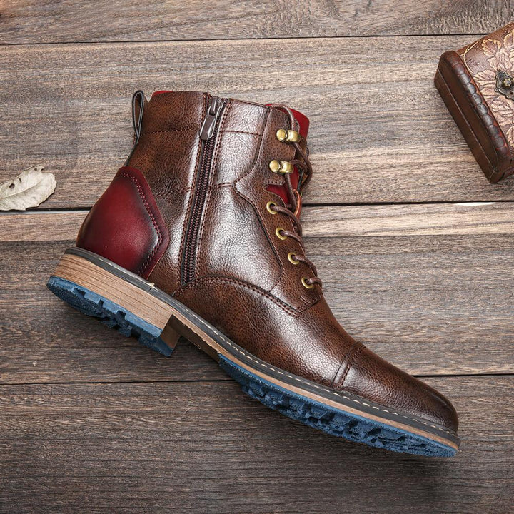 Side view: Men's lace-up ankle cowboy boots with sturdy sole. Rugged western work & casual durable footwear.