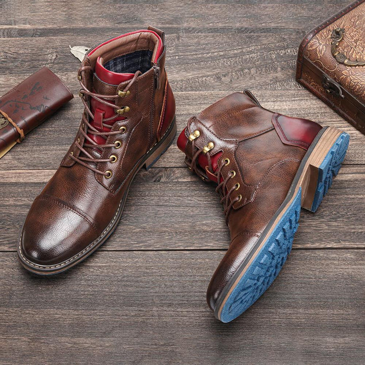 Close-up of durable laces on men's ankle cowboy boots. Rugged texture, work & casual western style.