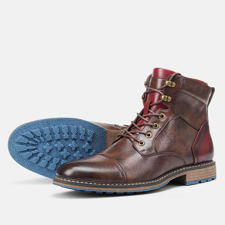 Rugged sole on men's lace-up ankle cowboy boots. Grip for work & outdoor western adventures, durable footwear.